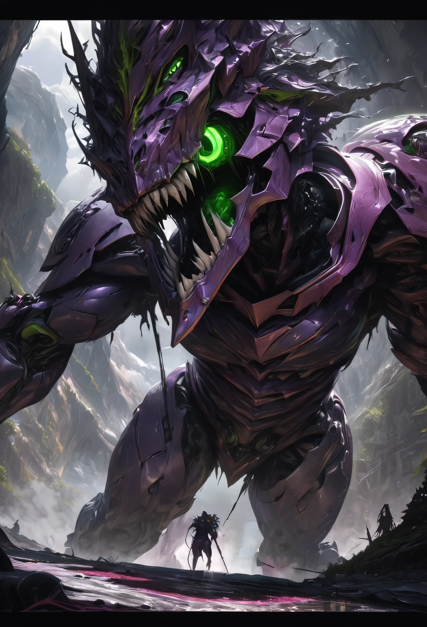 (best quality, 4k, ultra detailed, high resolution, masterpiece: 1.2), giant robotic humanoid (Eva 01) on all fours with its mouth open between trees in a valley, with its mouth open revealing intricate and detailed teeth and tongue, purple armor with glowing green highlights, human arm, berserk mode, and a thin and organic body covered with metallic armor, walking on all fours, smoke and dark atmosphere, green eyes, glowing eyes, bestial roar, broken armor revealing a living organism, thick blood,ominous clouds, dark illustration style, high contrast, dark shadows, atmospheric perspective, ominous colors, cinematic composition, volumetric lighting, numbers, brush strokes, dramatic lighting, low angle, surrealism, super detailed, hyperrealism