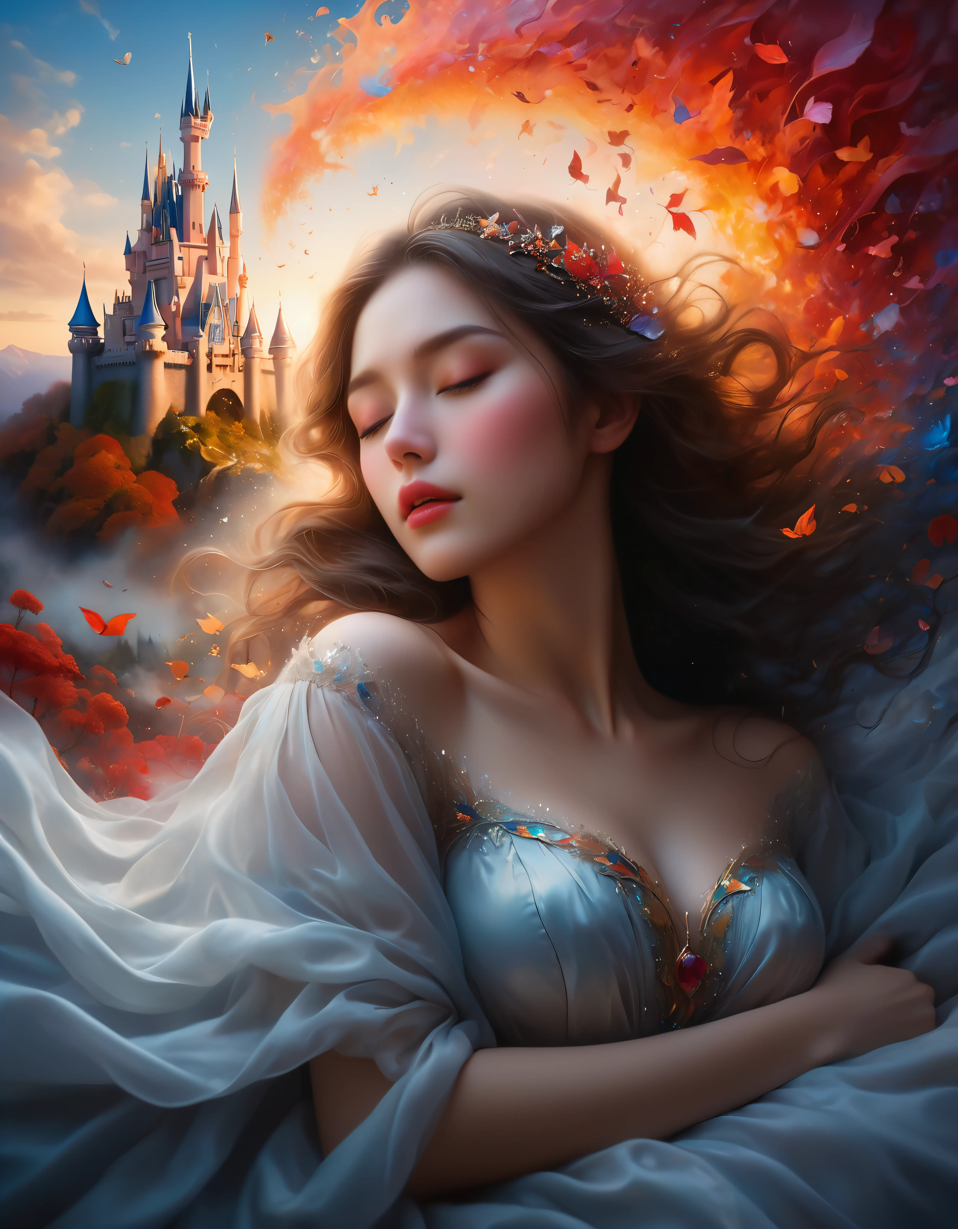 ((Masterpiece in maximum 16K resolution):1.6),((soft_color_photograpy:)1.5), ((Ultra-Detailed):1.4),((Movie-like still images and dynamic angles):1.3) | (double contact:1.3), Beautiful dream castle silhouette effect, Superimposed on Sleeping Beauty,《Sleeping Beauty Theme》, ((Sleeping beauty dream castle):1.5), Oil and ink on canvas, fine art, super dramatic light, photoillustration, amazing depth, the ultra-detailed, iridescent red, superfluous dreams, intricately details, amazing depth, Amazing atmosphere, Mesmerizing whimsical vibrant landscapes, Maximalism (beautiful outside, Ugly inside, pressure and pain, beauty and despair, hard and soft, positive and negative, hot and cold, Sweet and sour, Vibrant but boring, Perfect harmony, light and shadows, hot and cold, old and young, Fire and ice, Yin and yang, australian, Black and white, hot and cold, organic and mechanical, Corresponding color, loud and quiet, Chaos and peace, day and night:1.2) The complex masterpiece of a real-time engineering leader. | Rendered in ultra-high definition with UHD and retina quality, this masterpiece ensures anatomical correctness and textured skin with super detail. With a focus on high quality and accuracy, this award-winning portrayal captures every nuance in stunning 16k resolution, immersing viewers in its lifelike depiction. | ((perfect_composition, perfect_design, perfect_layout, perfect_detail, ultra_detailed)), ((enhance_all, fix_everything)), More Detail, Enhance.