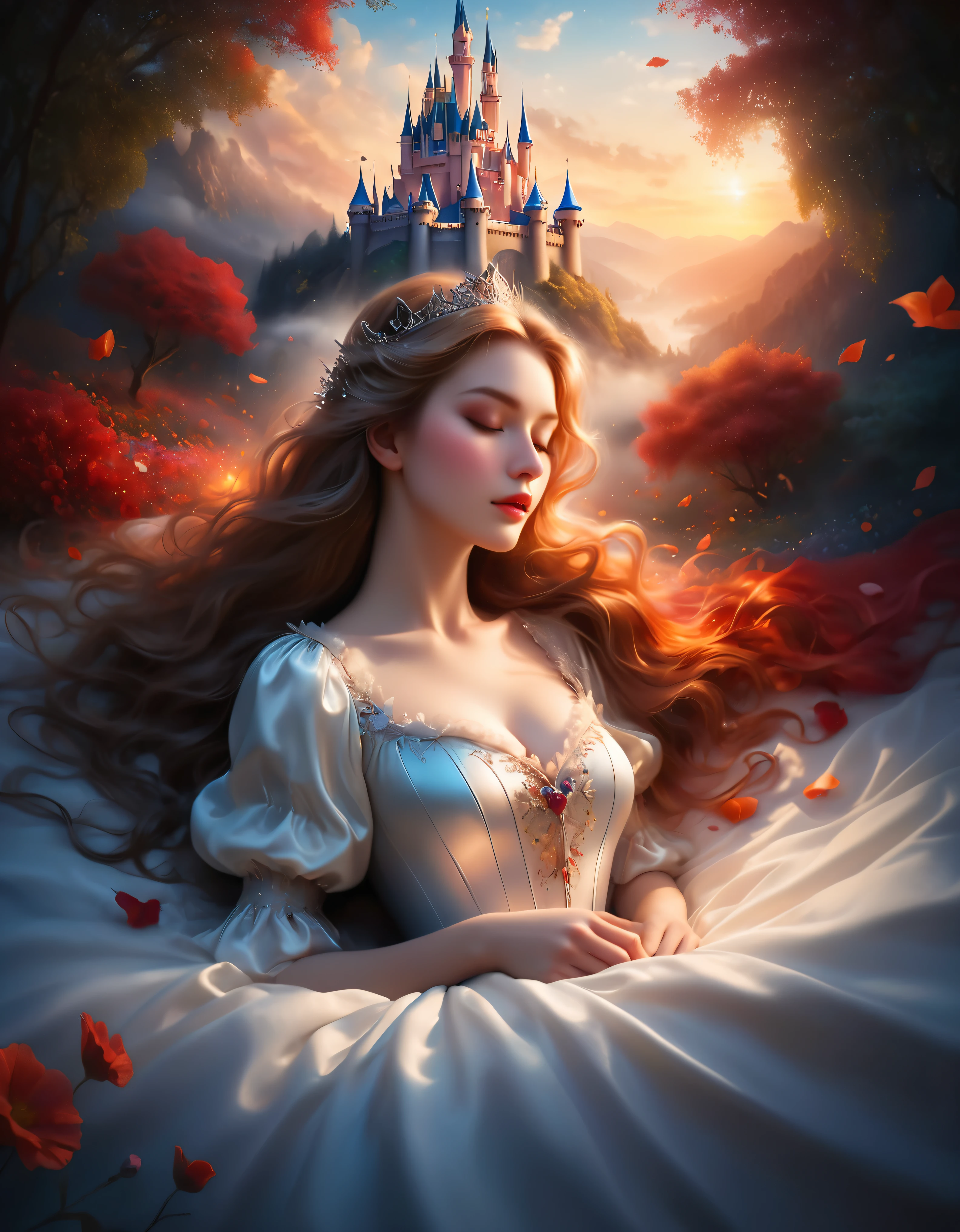 ((Masterpiece in maximum 16K resolution):1.6),((soft_color_photograpy:)1.5), ((Ultra-Detailed):1.4),((Movie-like still images and dynamic angles):1.3) | (double contact:1.3), Beautiful dream castle silhouette effect, Superimposed on Sleeping Beauty,《Sleeping Beauty Theme》, ((Sleeping beauty dream castle):1.5), Oil and ink on canvas, fine art, super dramatic light, photoillustration, amazing depth, the ultra-detailed, iridescent red, superfluous dreams, intricately details, amazing depth, Amazing atmosphere, Mesmerizing whimsical vibrant landscapes, Maximalism (beautiful outside, Ugly inside, pressure and pain, beauty and despair, hard and soft, positive and negative, hot and cold, Sweet and sour, Vibrant but boring, Perfect harmony, light and shadows, hot and cold, old and young, Fire and ice, Yin and yang, australian, Black and white, hot and cold, organic and mechanical, Corresponding color, loud and quiet, Chaos and peace, day and night:1.2) The complex masterpiece of a real-time engineering leader. | Rendered in ultra-high definition with UHD and retina quality, this masterpiece ensures anatomical correctness and textured skin with super detail. With a focus on high quality and accuracy, this award-winning portrayal captures every nuance in stunning 16k resolution, immersing viewers in its lifelike depiction. | ((perfect_composition, perfect_design, perfect_layout, perfect_detail, ultra_detailed)), ((enhance_all, fix_everything)), More Detail, Enhance.