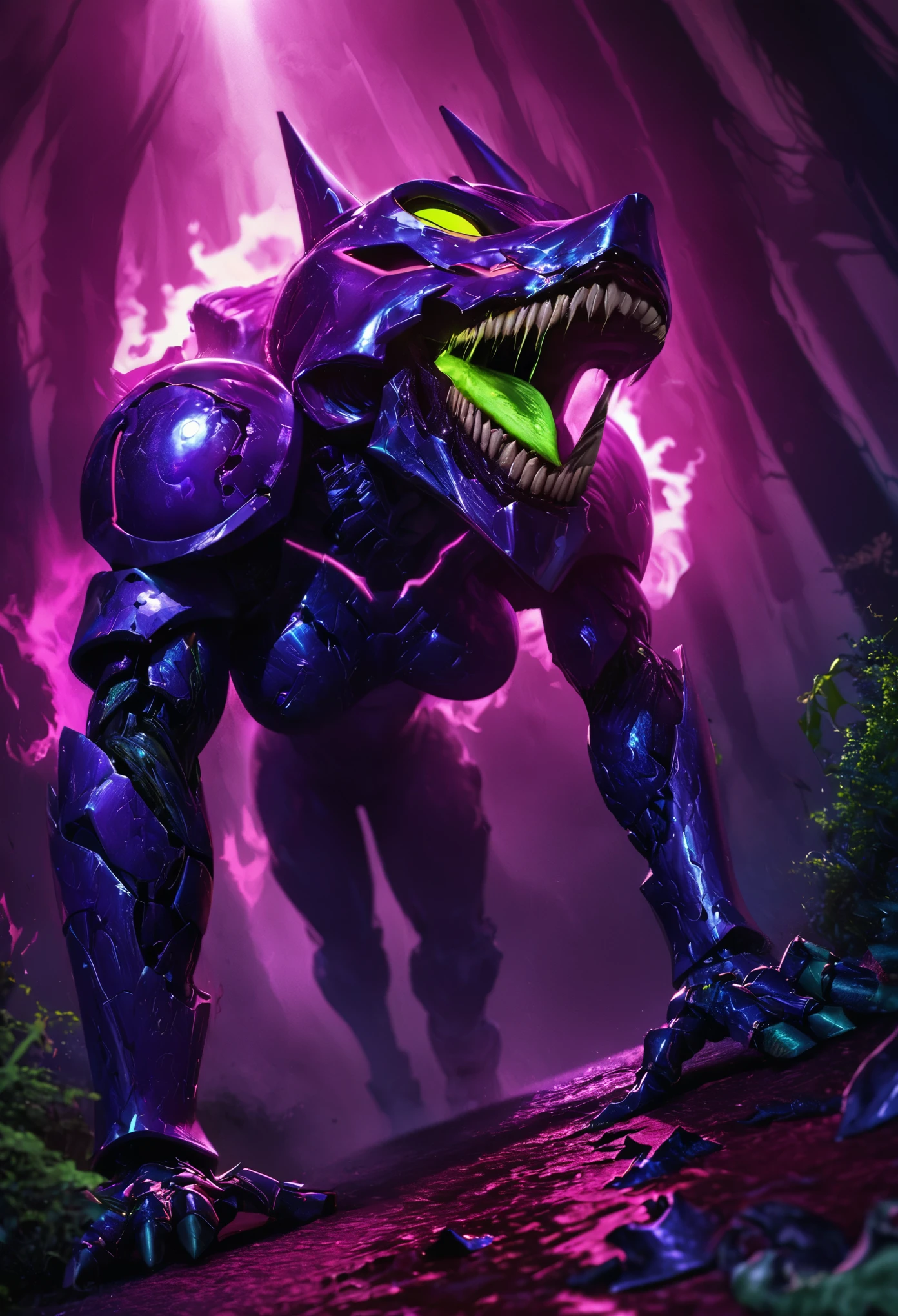 (best quality, 4k, ultra detailed, high resolution, masterpiece: 1.2), giant robotic humanoid (Eva 01) on all fours with its mouth open between trees in a valley, with its mouth open revealing intricate and detailed teeth and tongue, purple armor with glowing green highlights, human arm, berserk mode, and a thin and organic body covered with metallic armor, walking on all fours, smoke and dark atmosphere, green eyes, glowing eyes, bestial roar, broken armor revealing a living organism, thick blood,ominous clouds, dark illustration style, high contrast, dark shadows, atmospheric perspective, ominous colors, cinematic composition, volumetric lighting, numbers, brush strokes, dramatic lighting, low angle, surrealism, super detailed, hyperrealism
