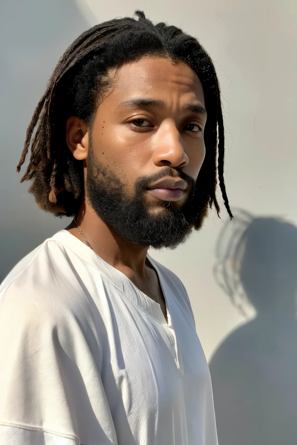 ((melhor qualidade, 8k, obra de arte: 1.3)), Sharp focus A 40 year old African American man with a long, well-cut full beard , facing the camera, ((Corte de cabelo em camadas: 1.2)), (terno preto e camisa branca), (Rua: 1.2), Textura de rosto e pele altamente detalhada, olhos detalhados, double eyelid, roupa social, pele escura, sardas no rosto e cabelo afro