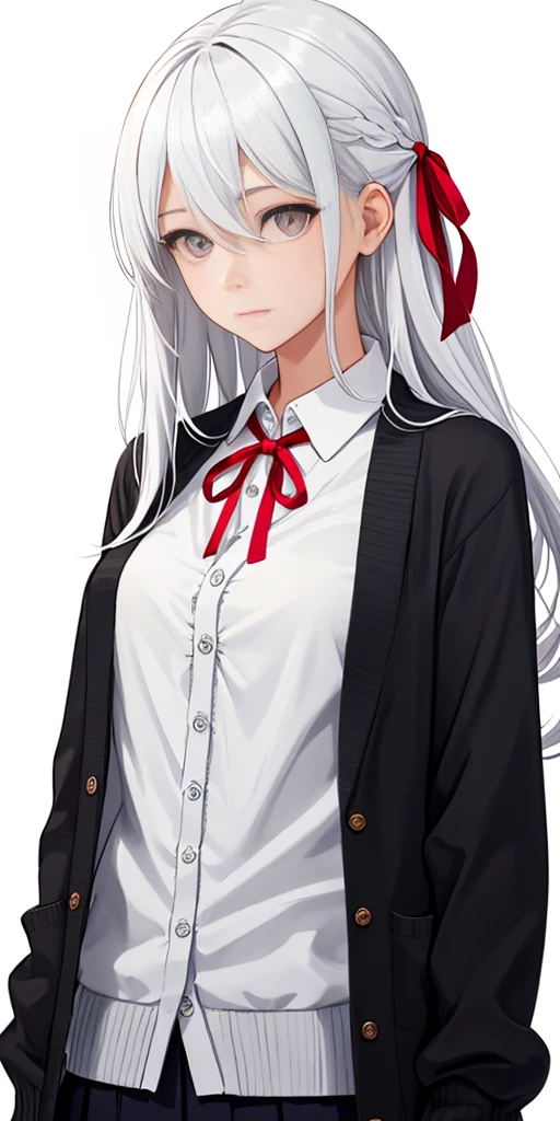 ((casual-style)), 1girl, solo, white hair, shirt, red ribbon, ribbon, looking at viewer, long hair, upper body, white eyes, white shirt, grey eyes, hair between eyes, neck ribbon, collared shirt, cardigan, closed mouth, expressionless, jacket, simple background, frills, bangs, white background, long sleeves