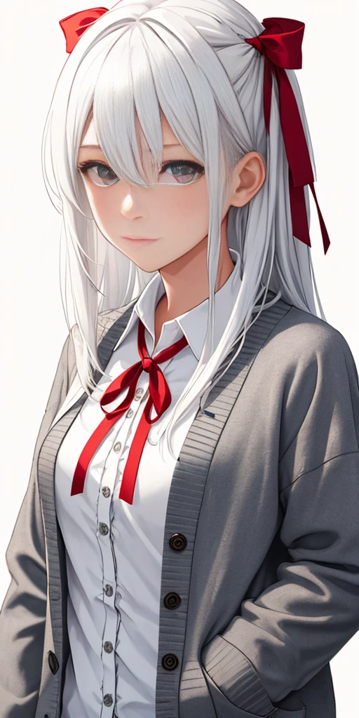 ((casual-style)), 1girl, solo, white hair, shirt, red ribbon, ribbon, looking at viewer, long hair, upper body, white eyes, white shirt, grey eyes, hair between eyes, neck ribbon, collared shirt, cardigan, closed mouth, expressionless, jacket, simple background, frills, bangs, white background, long sleeves