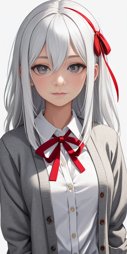 ((casual-style)), 1girl, solo, white hair, shirt, red ribbon, ribbon, looking at viewer, long hair, upper body, white eyes, white shirt, grey eyes, hair between eyes, neck ribbon, collared shirt, cardigan, closed mouth, expressionless, jacket, simple background, frills, bangs, white background, long sleeves