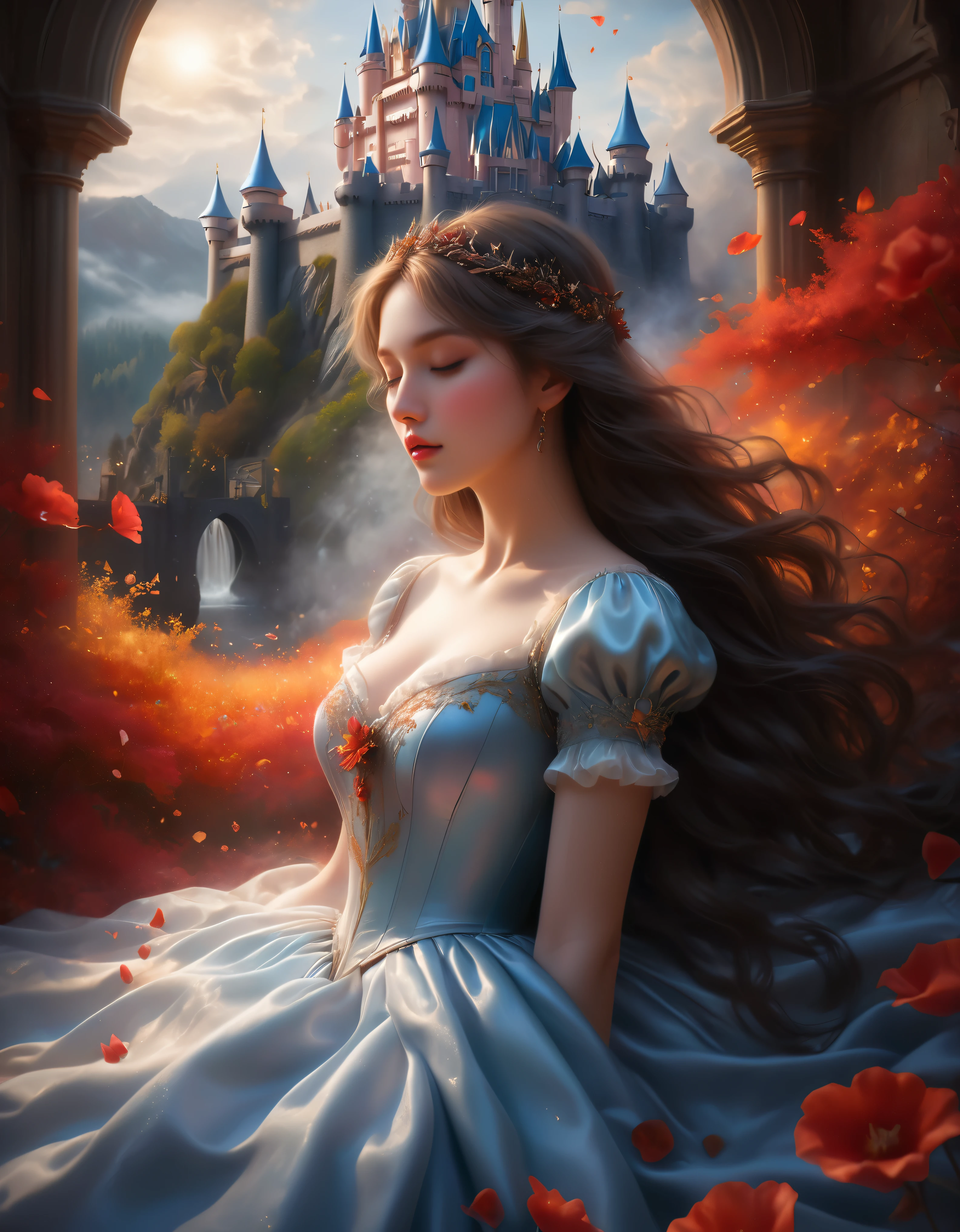 ((Masterpiece in maximum 16K resolution):1.6),((soft_color_photograpy:)1.5), ((Ultra-Detailed):1.4),((Movie-like still images and dynamic angles):1.3) | (double contact:1.3), Beautiful dream castle silhouette effect, Superimposed on Sleeping Beauty,《Sleeping Beauty Theme》, ((Sleeping beauty dream castle):1.5), Oil and ink on canvas, fine art, super dramatic light, photoillustration, amazing depth, the ultra-detailed, iridescent red, superfluous dreams, intricately details, amazing depth, Amazing atmosphere, Mesmerizing whimsical vibrant landscapes, Maximalism (beautiful outside, Ugly inside, pressure and pain, beauty and despair, hard and soft, positive and negative, hot and cold, Sweet and sour, Vibrant but boring, Perfect harmony, light and shadows, hot and cold, old and young, Fire and ice, Yin and yang, australian, Black and white, hot and cold, organic and mechanical, Corresponding color, loud and quiet, Chaos and peace, day and night:1.2) The complex masterpiece of a real-time engineering leader. | Rendered in ultra-high definition with UHD and retina quality, this masterpiece ensures anatomical correctness and textured skin with super detail. With a focus on high quality and accuracy, this award-winning portrayal captures every nuance in stunning 16k resolution, immersing viewers in its lifelike depiction. | ((perfect_composition, perfect_design, perfect_layout, perfect_detail, ultra_detailed)), ((enhance_all, fix_everything)), More Detail, Enhance.