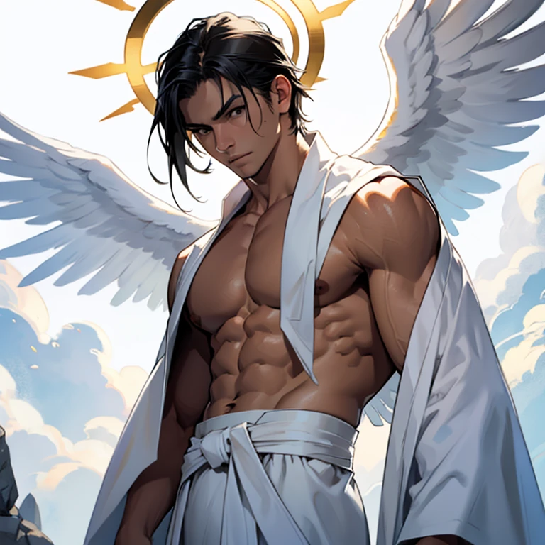 muscle, topless, white robe, angel, white bird wing, halo, front view,black hair,