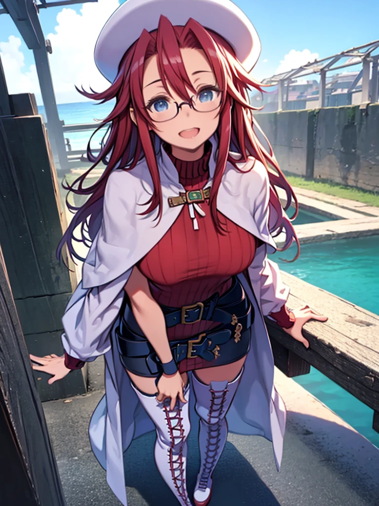masterpiece、highest quality、High resolution、Very detailed、Close-up、Medium wide shot、Mature Woman、(aty, long hair, blue eyes, red hair, thighhighs, hat, dress, boots, glasses, belt, cape, sweater, zettai ryouiki, beret, thigh boots, white footwear, ribbed sweater, loose belt、Hair between the eyes、)、Big Breasts、laughing、Leaning forward、Leaning body、grassland、blue sky、Ocean、Peering into the audience、
