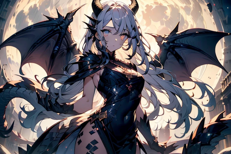 1girl, glowing dragon eyes, wavy hair, demure ornate dress, scales, scales on face, dragon wings, medium chest, dragon horns, under the moon, slender figure, scaled humanoid, (Intricate details:1.2), (Highly detailed face and eyes:1.2), high sharpness, high textures
