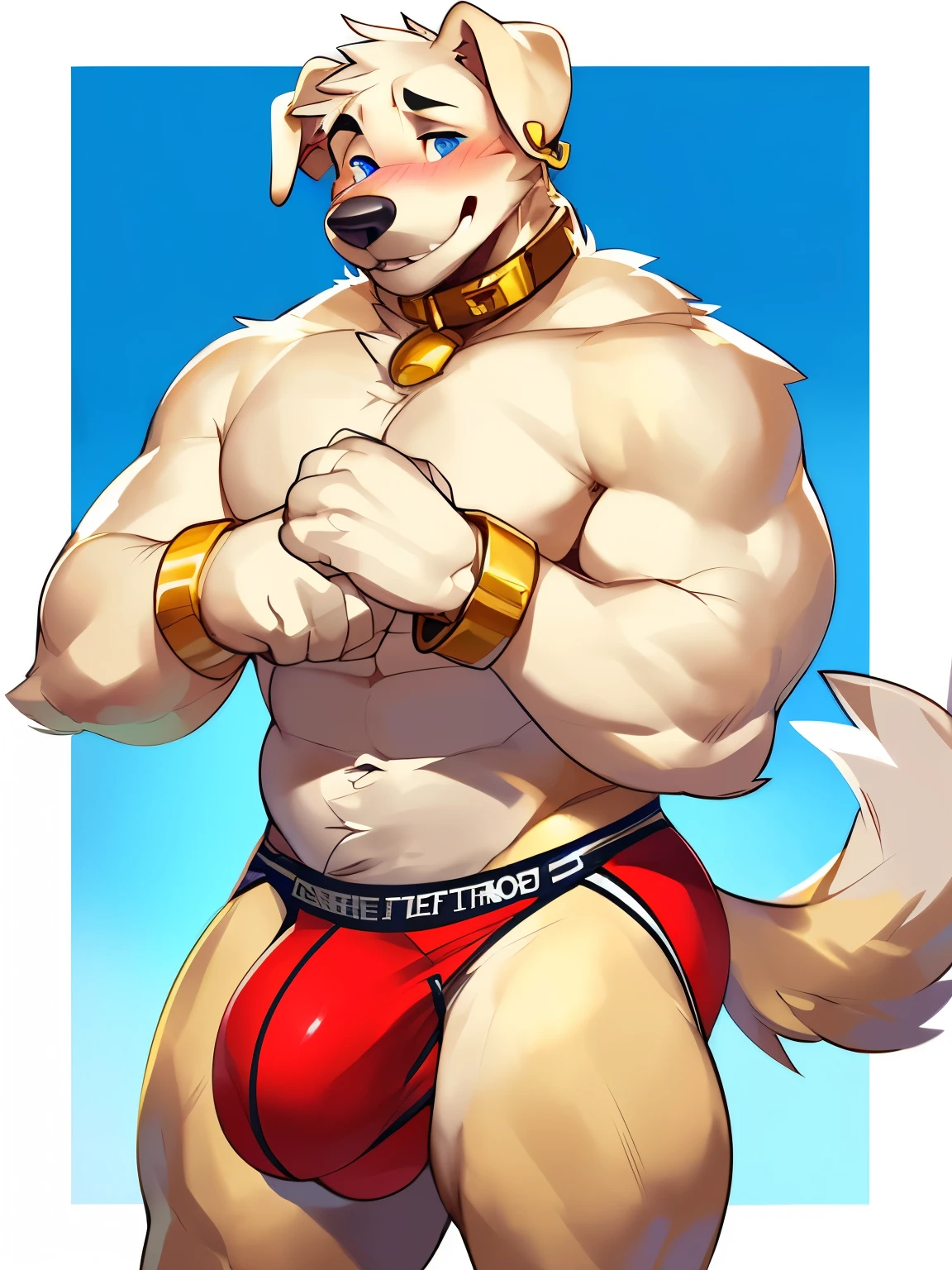 Solo, male (((retriever, muscular, white fur, white body, white fur, black nose, blue eyes, folded ears, flustered expression, blush, ear piercing, ear ring, golden collar, gold cuffs, underwear, big bulge))) standing, 5 fingers ((focus eyes, focus pupils, focus white body, focus white fur, focus 5 fingers, focus golden collar, focus underwear)) adult character, by darkgem, by mystikfox61, by glitter trap boy