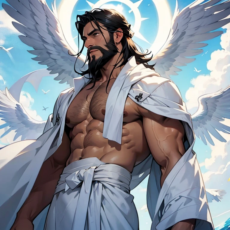 muscle, topless, white robe, angel, white bird wing, halo, front view,black hair, beard, eye on middle chest, front view,