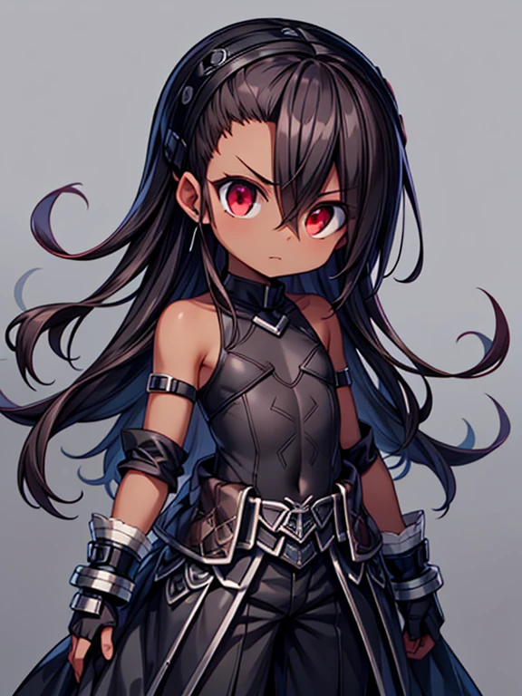 Masterpiece High res, high definition, (((dark skin tone))),dark skin male, dark skin, cute shota,red eyes, black hair Accessory, brown hair, long dark brown hair,wearing a black exoskeleton, black detached sleeves, black skin tight sleeveless shirt, black armoured Gauntlets, black bodysuit,black exoskeleton, black fingerless gloves,