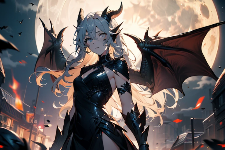 1girl, glowing dragon eyes, wavy hair, demure ornate dress, scales, scales on face, dragon wings, medium chest, dragon horns, under the moon, slender figure, scaled humanoid, (Intricate details:1.2), (Highly detailed face and eyes:1.2), high sharpness, high textures
