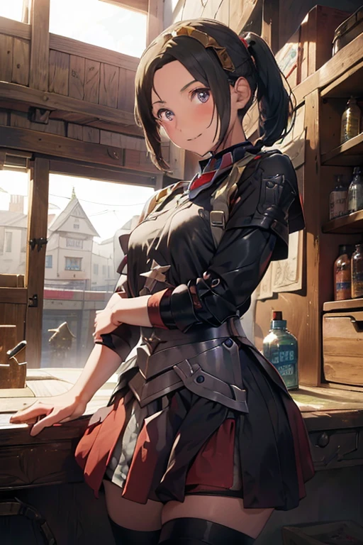 (fantasy:1.5),(anime,8k,masterpiece, top quality, best quality,beautiful and aesthetic:1.2,professional illustrasion:1.1,ultra detail:1.3,perfect lighting),extremely detailed,highest detailed,incredibly absurdres , highres, ultra detailed,intricate:1.6,(Alchemy Workshop:1.4),A girl mixing,Medicine in many small bottles,holding small potion,colorful:1.4,zentangle,(1girl),(girl),(Three kingdoms female warload),(highly detailed beautiful face and eyes,firm breasts),oily skin,((black,hair,short bob with short pony tail hair)),thin pubic hair,cute,lovely,,alchemist costume,Merchant's Clothing,smile
