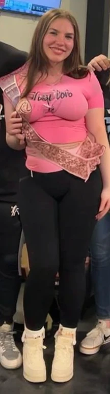 Arafed girl in pink shirts and black pants posing for a picture, large thighs, widest hips, skinny waist and thick hips, wide hips, 2 old female model, smallest waistline ever, large hips, her hand is on her waist, insanely inflated hips, her belly is fat and round, she has a jiggly fat round belly, Big tits, huge tits , no clothes, sexy, cute, wide hips, thick thighs, pear-shaped body, minimal clothes, thick, bbw, chubby stomach, thick nipples, nipple piercings, large areola, hard nipples, piercing through shirt, nipples hard through shirt, muscular, strong, thick hips, minimal clothes, work out girl,
