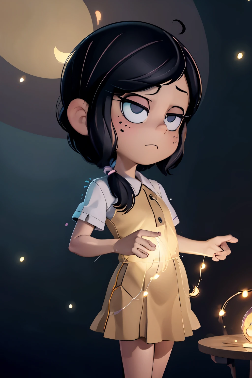 neon Create image of a cute girl, disney cartoon style, children's story style, playful style, little 6 years old, ln hair, bob cut with bangs, wavy hair, brown eyes, wearing a simple dress, poor plaid, blowing her hair candles from your birthday cake, pixar style, disney, playful style, 8k 2d --V-neon