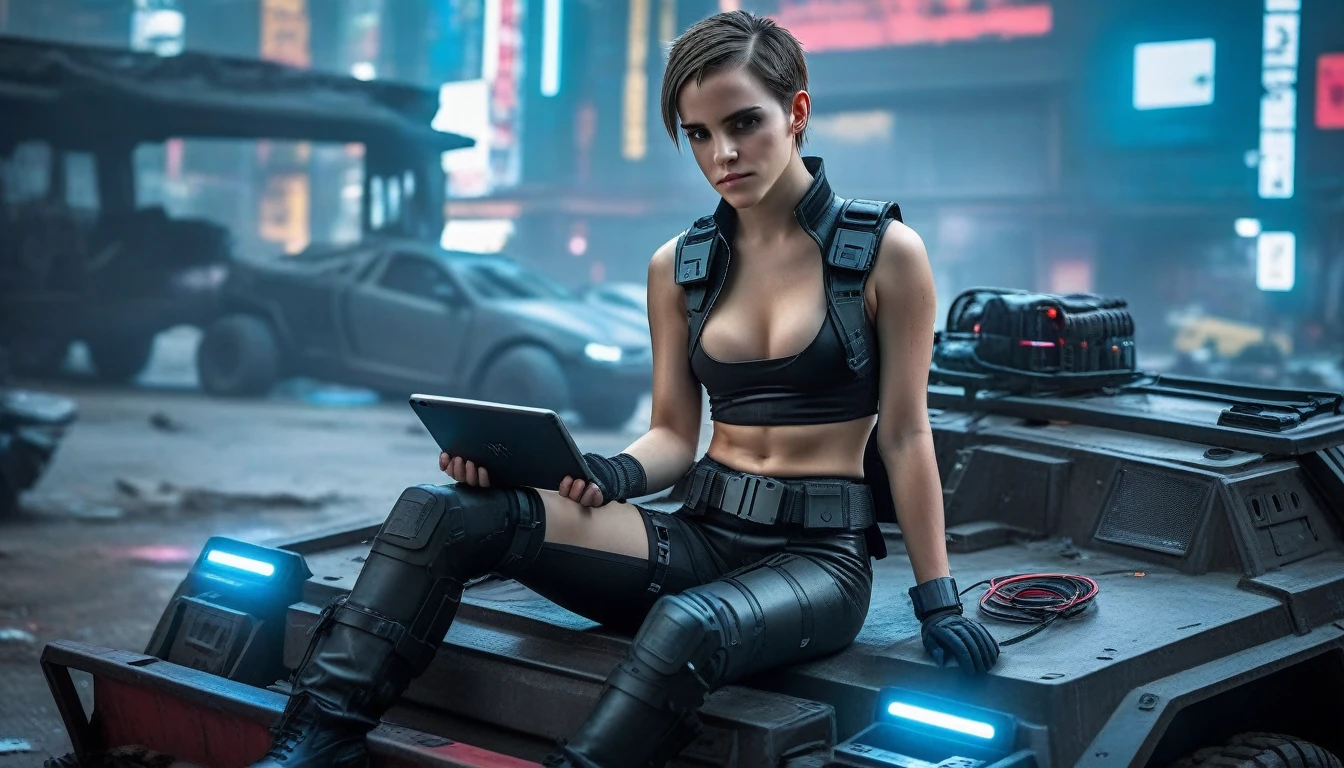 A young female hacker sitting on the hood of a wrecked APC in a cyberpunk metropolis facing the viewer, right arm resting on her waist, left arm held forward holding a transparent smart tablet, short undercut haircut, immaculate skin, scared look on her face, tears on her face, full lips, small breasts, strong legs, fullbody back and red skintight cyberpunk underarmor with intricate hexagon pattern, swat combat vest with attached wearable computer, black leather utility belt with multimeter and some probes attached, thigh high black latex boots, cutoff white gloves, no makeup, natural fingernails, emma watson, Apocalyptic Style: