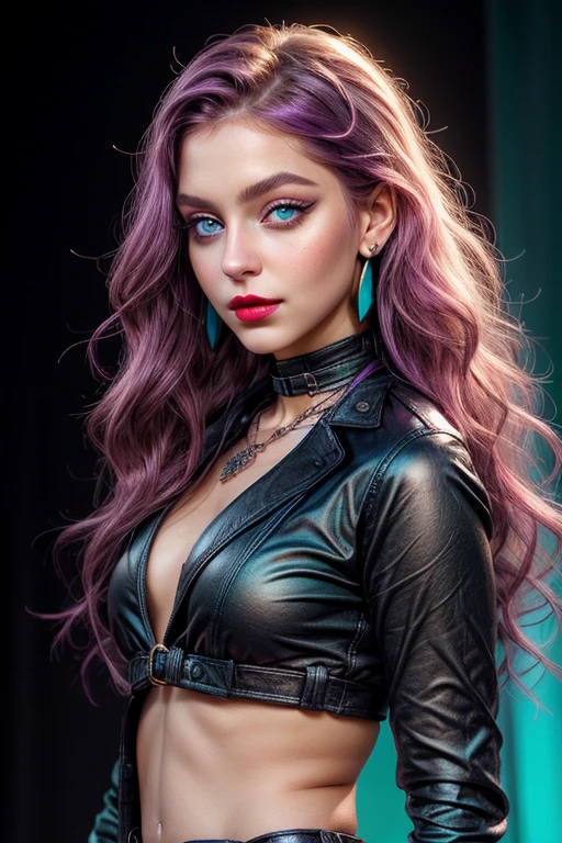 beautiful young girl with wavy purple hair, (((waist-high body view))), black necklace around the neck, ((light bright turquoise eyes)), Artgerm, Стэнли Artgerm Лау, a digital painting of an, digital art, (((without outerwear))), ((((I look at the viewer)))), ((pale red lips)), (pale skin), Heavy black makeup, black eyeliner and eye shadow, high volume hair, (cute face), photo realistic, masterpiece, 1 girl, Best quality, portrait, 8K, Hyper-realistic lighting,