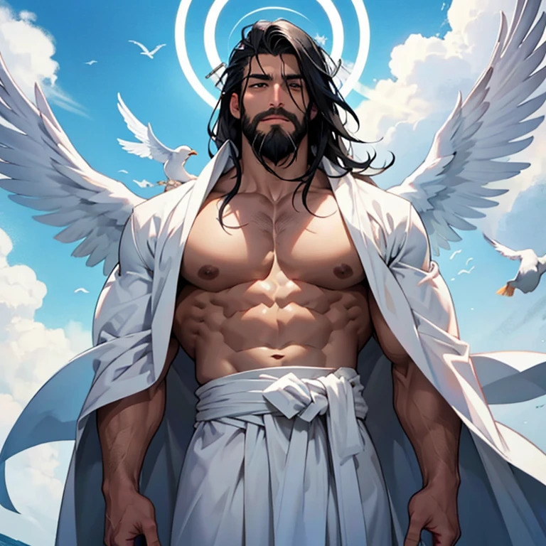 muscle, topless, white robe, angel, white bird wing, halo, front view,black hair, beard, third eye on middle chest, front view,