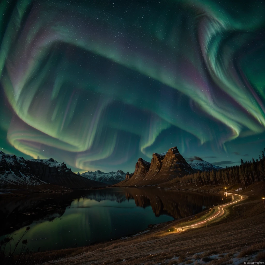 paisagem, ultra HD, (fundo asgard), detalhes, lighting, 8k, (northern lights in the sky), constellation, (fundo asgard)