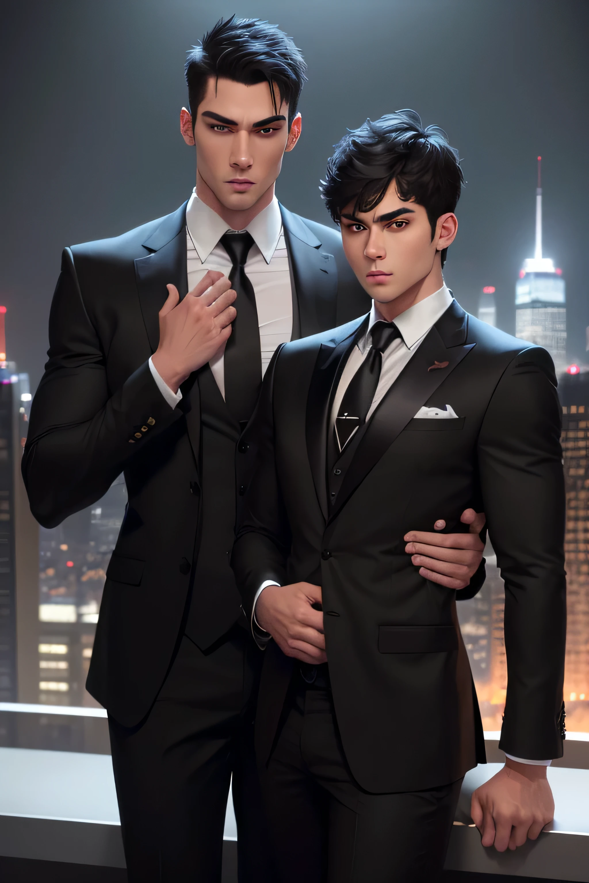 (ridiculous, high resolution, Super detailed, actual, ), 2 young male, tall muscular man and another not that tall small and cute, broad shoulders, Handsome, very short hair, black hair, brown eyes, square nail, thick neck, thick eyebrows, night, dark, the night view of the city background, formal suit, tie, Upper body, divorces