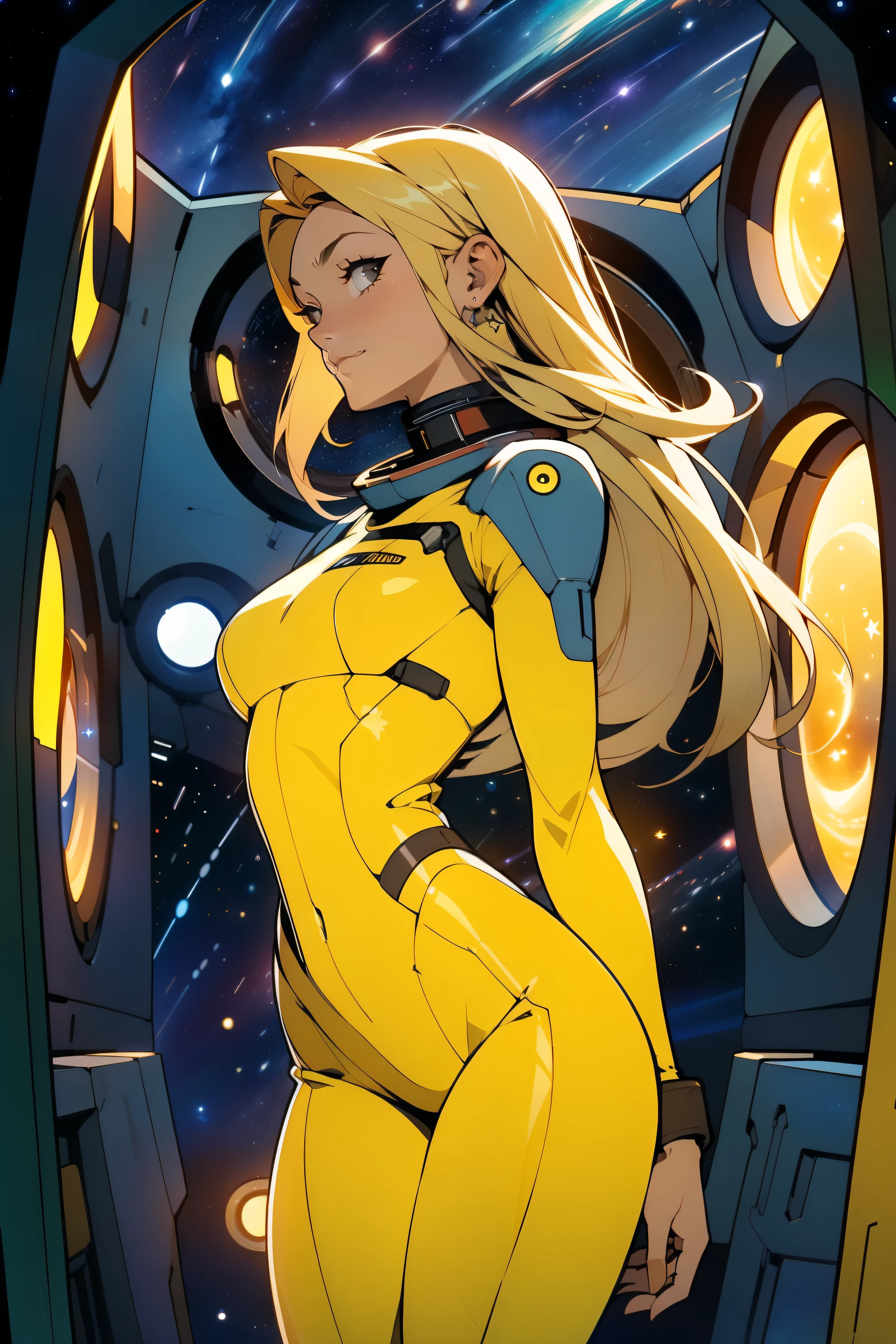 (masterpiece, best quality:1.2), (cowboy shot:1.1), solo, 1girl, mori yuki, slight smile, closed mouth, side view, looking at viewer, blonde hair, long hair, thigh gap, yellow bodysuit, skin-tight, perfect body, large window, (starship porthole:1.3), (spread legs:1.0), (standing:1.1), thigh gap, sensual pose, sideview, perfect hands, bright starship interior, (outer space view:1.1), (orbital view:1.3), (night, stary sky:1.5), milky way