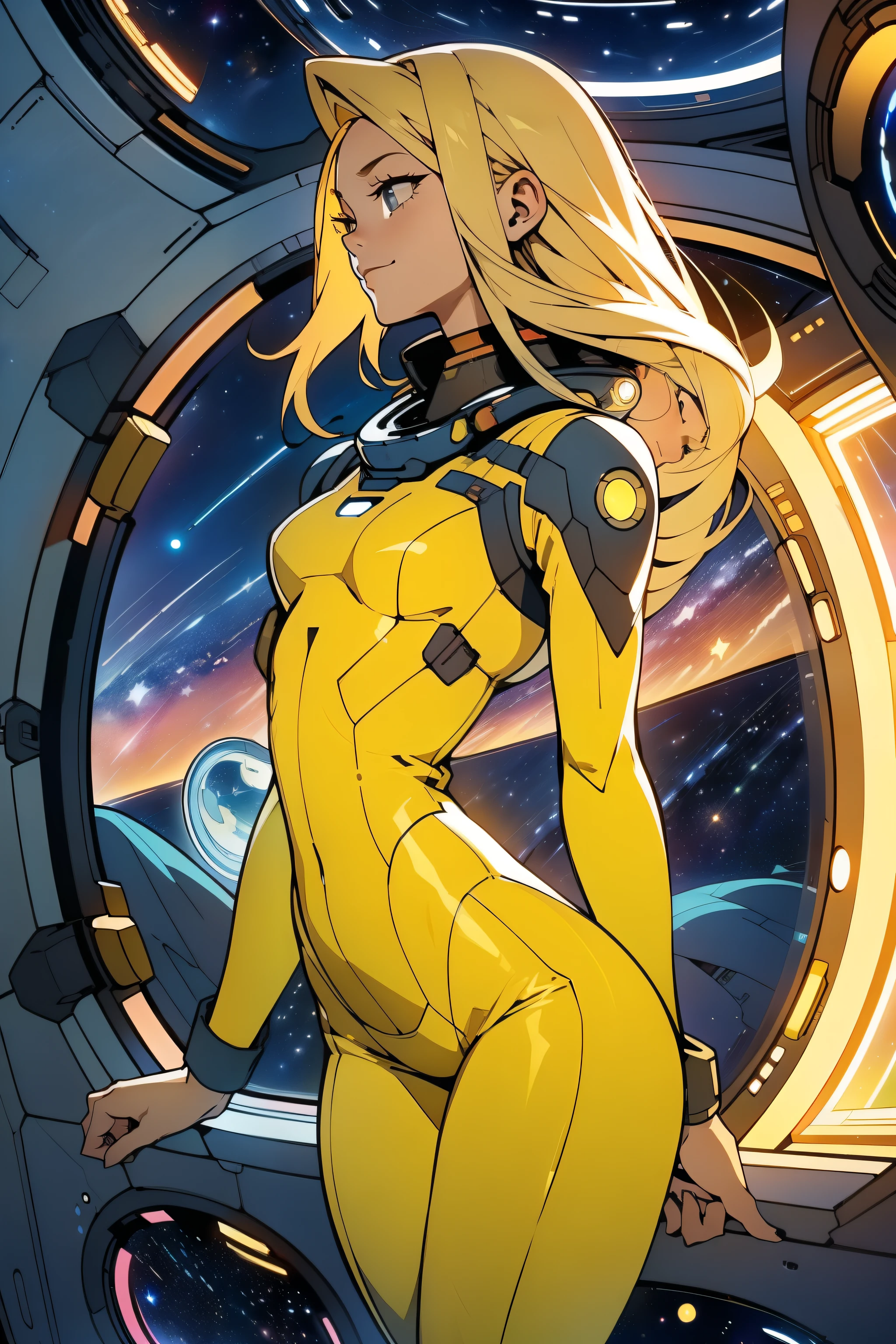 (masterpiece, best quality:1.2), (cowboy shot:1.1), solo, 1girl, mori yuki, slight smile, closed mouth, side view, looking at viewer, blonde hair, long hair, thigh gap, yellow bodysuit, skin-tight, perfect body, large window, (starship porthole:1.3), (spread legs:1.0), (standing:1.1), thigh gap, sensual pose, sideview, perfect hands, bright starship interior, (outer space view:1.1), (orbital view:1.3), (night, stary sky:1.5), milky way