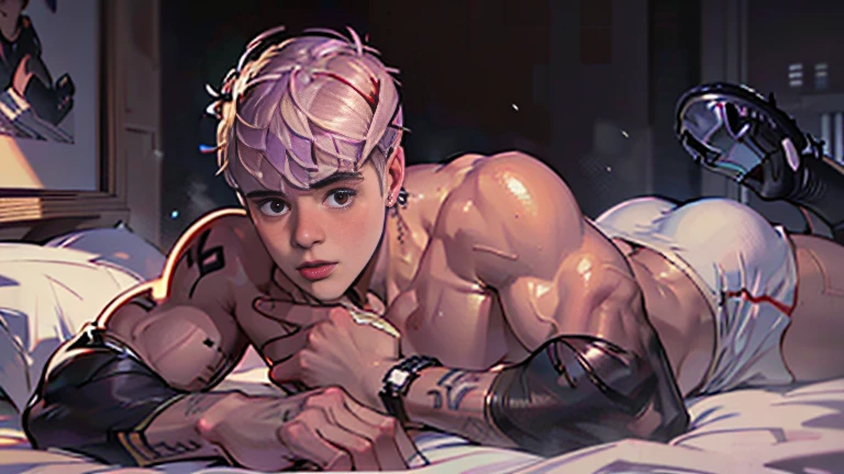 (a high resolution:1.5),(Super realistic:1.5),(skin texture:1.5),(dark skin:2.3),(Justin Bieber Athletic young man seduces you with his lust:1.95), (Look here:1.3),Beautiful muscles, Constricted Waist, perfect male buttocks:1.35)、(rosy cheek:1.15), (Beautiful red lips:1.25),(quality shiny hair:1.6),(Layered hairstyle:1.15),、sexy panties, necklace on the neck, bracelet on the wrist、(earrings:1.05), lying on his stomach
