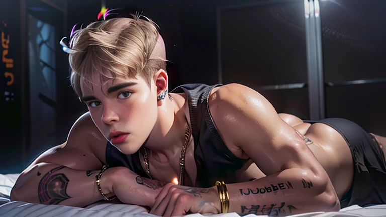 (a high resolution:1.5),(Super realistic:1.5),(skin texture:1.5),(dark skin:2.3),(Justin Bieber Athletic young man seduces you with his lust:1.95), (Look here:1.3),Beautiful muscles, Constricted Waist, perfect male buttocks:1.35)、(rosy cheek:1.15), (Beautiful red lips:1.25),(quality shiny hair:1.6),(Layered hairstyle:1.15),、sexy panties, necklace on the neck, bracelet on the wrist、(earrings:1.05), lying on his stomach