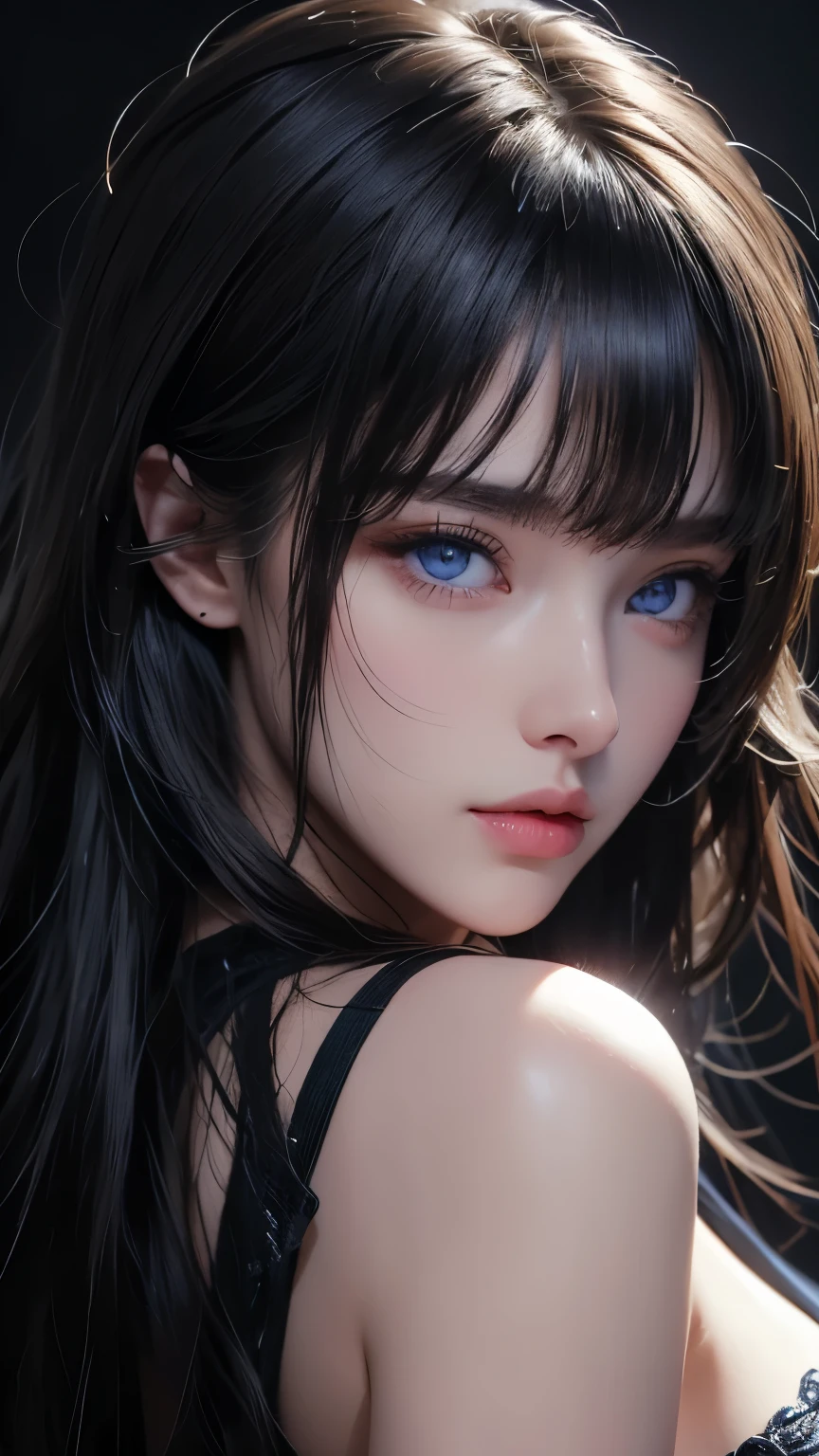 masterpiece, best quality, ultra-detailed, facing the camera head on, intricately detailed hyperdetailed, realistic, sharp features, highly detailed, sharp focus, perfect face, perfect face, perfect symmetrically perfect eyes, perfect full lips, flexible female form, cinematic, film light, hyper detailed, hyper realistic, masterpiece, atmospheric, high resolution, vibrant, dynamic studio lighting, ((Dark background)), Facial expressions when receiving pleasure, straight Bangs, blue Eyes,black sweater, cowboy shot, ,