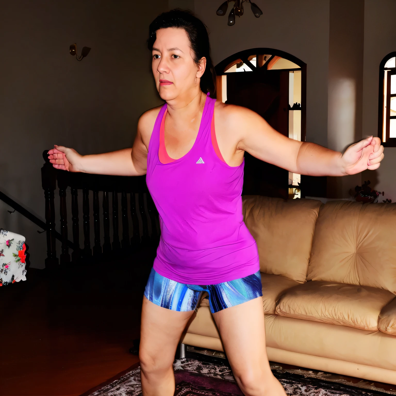 woman in purple tank top and blue shorts playing wii in living room, in an action pose, cottagecore!! fitness body, by Gina Pellón, karla ortiz, wearing fitness gear, doing a sassy pose, full body wide shot, frantic dancing pose, dynamic energic pose, arms extended, dynamic moving pose, confident action pose, sweating