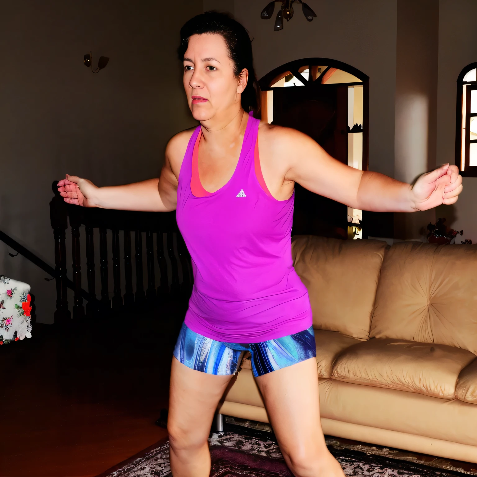 woman in purple tank top and blue shorts playing wii in living room, in an action pose, cottagecore!! fitness body, by Gina Pellón, karla ortiz, wearing fitness gear, doing a sassy pose, full body wide shot, frantic dancing pose, dynamic energic pose, arms extended, dynamic moving pose, confident action pose, sweating