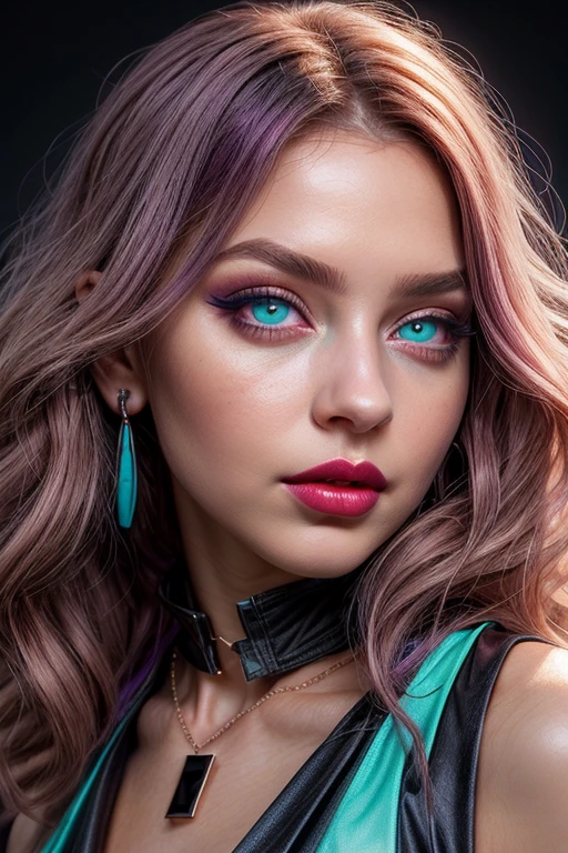 beautiful young girl with wavy purple hair, (((waist-high body view))), black necklace around the neck, ((light bright turquoise eyes)), Artgerm, Стэнли Artgerm Лау, a digital painting of an, digital art, (((without outerwear, mini bikini))), ((((I look at the viewer)))), ((pale red lips)), (pale skin), Heavy black makeup, black eyeliner and eye shadow, high volume hair, (cute face), photo realistic, masterpiece, 1 girl, Best quality, High quality 16K, Hyper-realistic lighting,