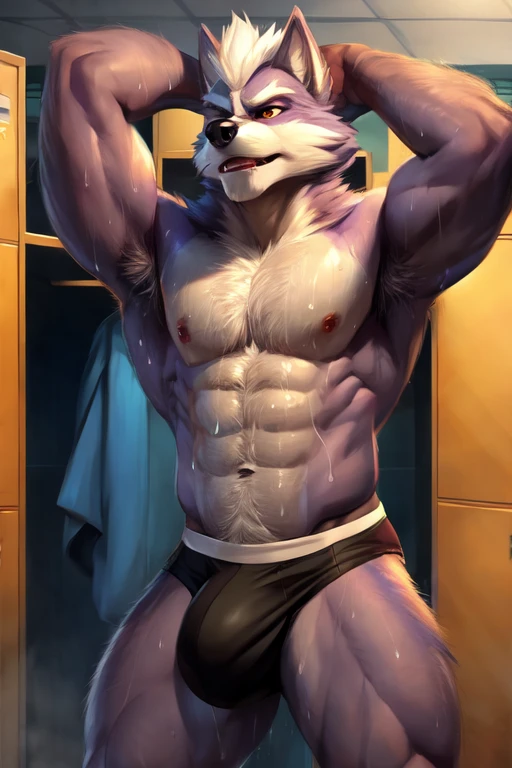 Medium muscular, Wolf O'Donnell (Starfox), furred, high detailed, no shirt, no pants, no shorts, jockstrap, anatomically correct genitals, wolf genitals, massive bulge, big bulge, large bulge, bulge as big as his head, zoomed in on crotch, (((sweaty))), arms above head, spread legs, standing up, breathing hard, standing in a gym locker room, bedroom eyes, hairy armpits, hairy lower chest, hairy chest, mystikfox61, chunie, darkgem