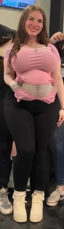 Arafed girl in pink shirts and black pants posing for a picture, large thighs, widest hips, skinny waist and thick hips, wide hips, 2 old female model, smallest waistline ever, large hips, her hand is on her waist, insanely inflated hips, her belly is fat and round, Big tits, huge tits , no clothes, sexy, cute, wide hips, thick thighs, pear-shaped body, minimal clothes, thick, bbw, chubby stomach, thick nipples, nipple piercings, large areola, hard nipples, piercing through shirt, nipples hard through shirt, muscular, strong, thick hips, minimal clothes, work out girl, low cut v neck shirt