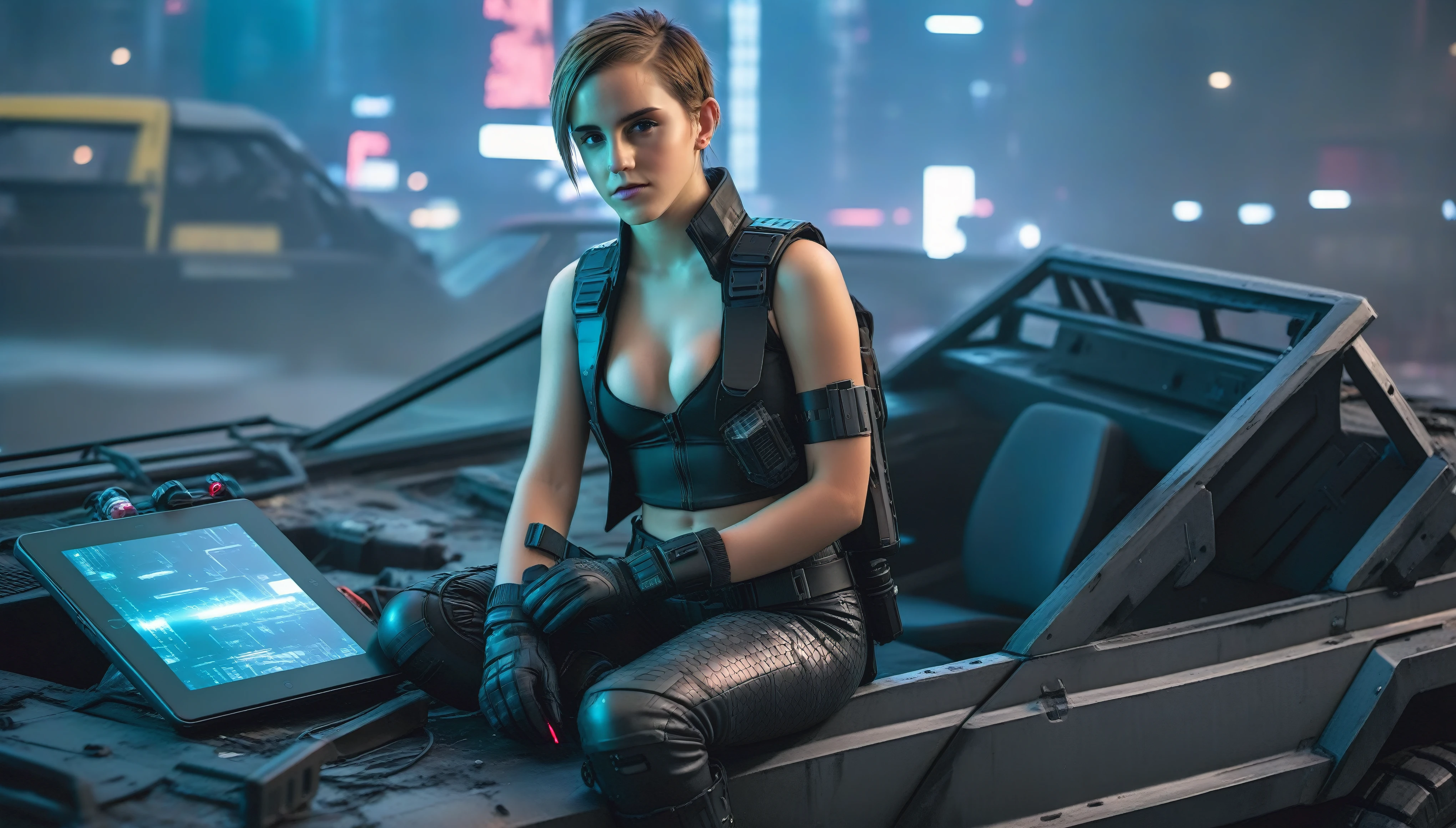 A young female hacker sitting on the hood of a wrecked APC in a cyberpunk metropolis facing the viewer, right arm resting on her waist, left arm held forward holding a transparent smart tablet, short undercut haircut, immaculate skin, scared look on her face, tears on her face, full lips, small breasts, strong legs, fullbody back and red skintight cyberpunk underarmor with intricate hexagon pattern, swat combat vest with attached wearable computer, black leather utility belt with multimeter and some probes attached, thigh high black latex boots, cutoff white gloves, no makeup, natural fingernails, emma watson, Apocalyptic Style: