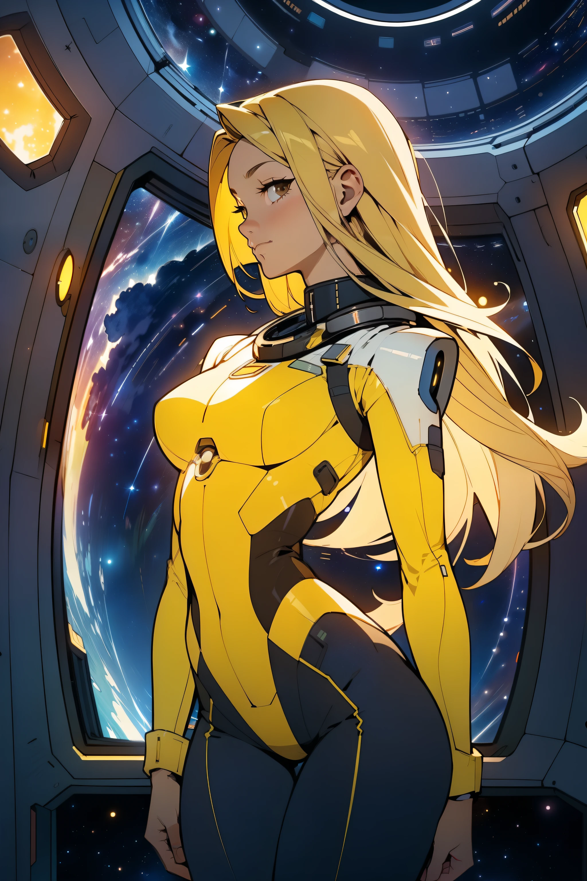 (masterpiece, best quality:1.2), (cowboy shot:1.1), solo, 1girl, mori yuki, slight smile, closed mouth, side view, looking at viewer, blonde hair, long hair, thigh gap, yellow bodysuit, skin-tight, perfect body, large window, (starship porthole:1.3), (spread legs:1.0), (standing:1.1), thigh gap, sensual pose, sideview, perfect hands, bright starship interior, (outer space view:1.1), (orbital view:1.3), (night, stary sky:1.5), milky way