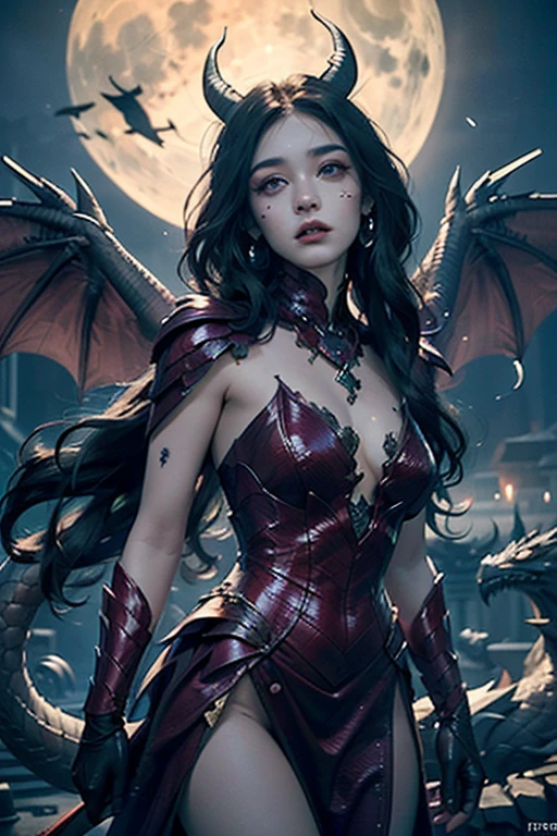 1girl, glowing dragon eyes, wavy hair, demure ornate dress, scales, scales on face, dragon wings, medium chest, dragon horns, under the moon, slender figure, scaled humanoid, (Intricate details:1.2), (Highly detailed face and eyes:1.2), makeup FX, high sharpness, high textures, (Photorealistic: 1.4), (Highly detailed)