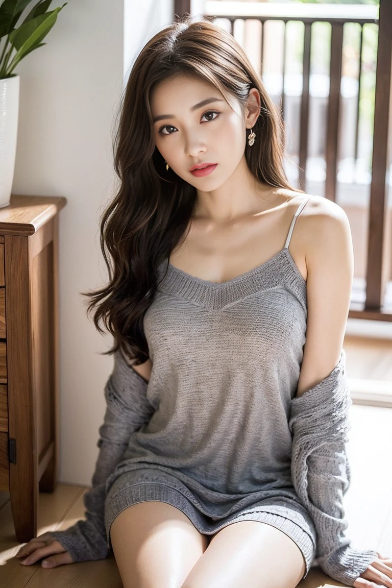Dark brown hair、Light brown eyes、Japanese Actress Lady、I am about 40 years old..、(Intricate details:1.2)、(Which one is on top??:1.4)、 (Ultra-high resolution:1.2)、Ultra-high resolution、(Finely tuned)、(Detailed facial features)、Hmph、8k resolution、D cup size breasts、Long Hair、Large windows、Extravagant space、relax、、,Full body photo、headからつま先までのショット、Beautiful legs、Beautiful legs、A refreshing room filled with sunlight、she, household items, (plant:0.8), Fashion Hub, Extreme Detail, Very detailed, Realistic, Hourglass-shaped body, Obscene pose,、、私 cry a lot、tears、person on the left、White wall、White floor、diagonally from below、Please lift your chin、Put your butt against the wall、relaxした表情、Pose of Weakness、(auraroid photo:1.2)、From outside the window、A masterpiece of transparent painting、8k、32k、highest quality、(Details of both eyes)、1 girl、elegant、(Loose knit camisole :1.4)、sunset、sit、(Low Angle、Take a look here、Tilt'head:1.2)、Hilarious、Looking at the camera、
