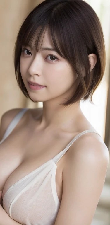 highest quality, Ultra-high resolution, (Realistic: 1.4), (highest quality, masterpiece:1.3, Ultra-high resolution),Head to waist photo、 (Very detailed, Caustics, 8k), (Realistic:1.4, RAW shooting), (I'm looking at the camera with a smile on my face), (Large Breasts:1.2), Bust up shot, street, Face Focus, Natural light, Backlight, Lens flare, Professional Writing, beautiful Eyes, Super beautiful, Very short hair, beautiful, spouse, Rough Chest T-shirt, beautiful Soldier, Eyes that beckon, spouseの視点, Attractive look, Sexy smile, Perfect Style, Perfect balance, Detailed skin, Mischievous Gaze, I can see your chest