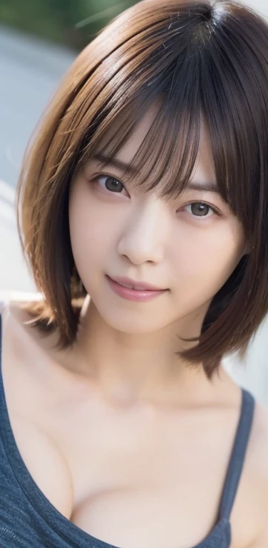 highest quality, Ultra-high resolution, (Realistic: 1.4), (highest quality, masterpiece:1.3, Ultra-high resolution),Head to waist photo、 (Very detailed, Caustics, 8k), (Realistic:1.4, RAW shooting), (I'm looking at the camera with a smile on my face), (Large Breasts:1.2), Bust up shot, street, Face Focus, Natural light, Backlight, Lens flare, Professional Writing, beautiful Eyes, Super beautiful, Very short hair, beautiful, spouse, Rough Chest T-shirt, beautiful Soldier, Eyes that beckon, spouseの視点, Attractive look, Sexy smile, Perfect Style, Perfect balance, Detailed skin, Mischievous Gaze, I can see your chest