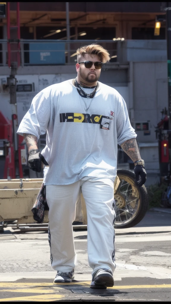 there is a man walking down the street, mechanic punk outfit, heavy gesture style closeup, hyperdetailed!!,realistic