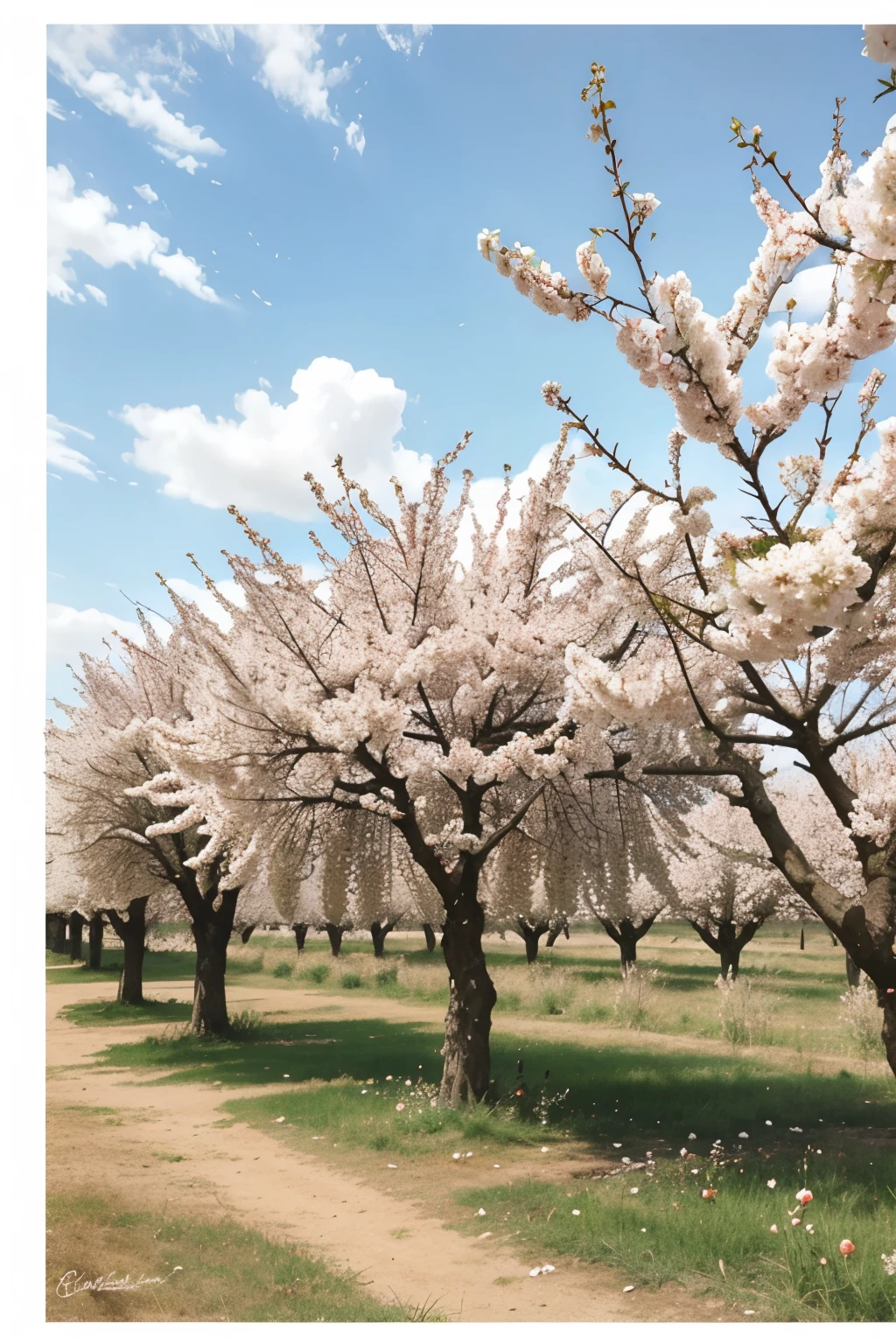 blooming cherry orchard, watercolor