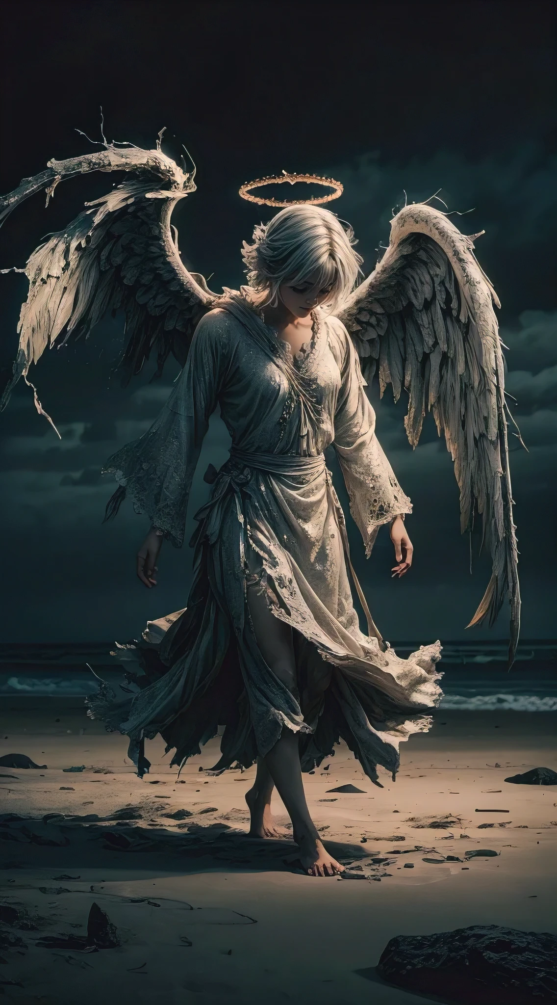 A striking 3D render of a fallen angel in an anime-realism style, wandering the beach alone at night. The angel's tattered robe is adorned with intricate patterns and its cracked halo rests limply on its brow. The once-majestic wings are now singed and tattered, a testament to the angel's tragic descent. The desolate beach is devoid of life, with the starless night casting an eerie glow over the scene. The dark fantasy illustration evokes a sense of loneliness and despair., 3d render, illustration, dark fantasy