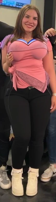 Arafed girl in pink shirts and black pants posing for a picture, large thighs, widest hips, skinny waist and thick hips, wide hips, 2 4 year old female model, smallest waistline ever, large hips, her hand is on her waist, insanely inflated hips, her belly is fat and round, she has a jiggly fat round belly, Big tits, huge tits , no clothes, sexy, cute, wide hips, thick thighs, pear-shaped body, minimal clothes, thick, bbw, chubby stomach, thick nipples, nipple piercings, large areola, hard nipples, piercing through shirt, nipples hard through shirt, muscular, strong, thick hips, minimal clothes, work out girl, low cut v neck shirt, cleavage