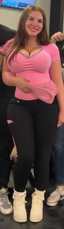 Arafed girl in pink shirts and black pants posing for a picture, large thighs, widest hips, skinny waist and thick hips, wide hips, 2 4 old female model, smallest waistline ever, large hips, her hand is on her waist, insanely inflated hips, her belly is fat and round, she has a jiggly fat round belly, Big tits, huge tits , no clothes, sexy, cute, wide hips, thick thighs, pear-shaped body, minimal clothes, thick, bbw, chubby stomach, thick nipples, nipple piercings, large areola, hard nipples, piercing through shirt, nipples hard through shirt, muscular, strong, thick hips, minimal clothes, work out girl, low cut v neck shirt, cleavage