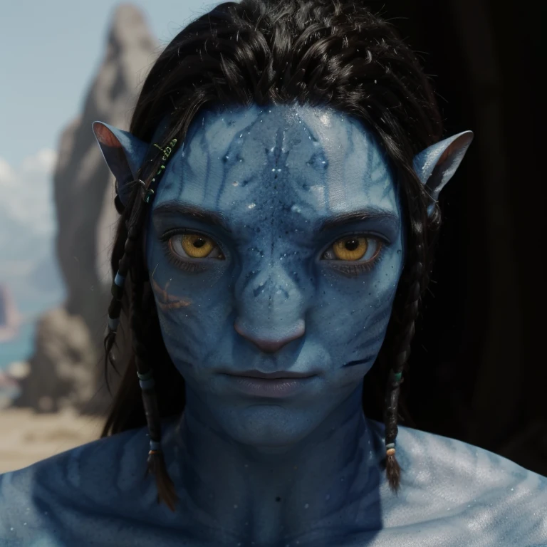 avtr:1.1, avatar style, ((face portrait:1.6)), 1boy, male, (AvLoak), (blue skin tone:1.0), (long braided hair:1.0), black hair color, yellow eyes, (adult), 18 years old:1, face wrinkles, wearing tribal clothing, detailed eyes, toned body, muscled body, vibrant colors, glowing, ethereal atmosphere, surrealistic dreamy lighting, textured skin, otherworldly beauty, mesmerizing photography, (best quality, highres), vivid colors, ultrarealistic, skin details, striped skin, sfw, face close-up:0.7, ultradetailed body