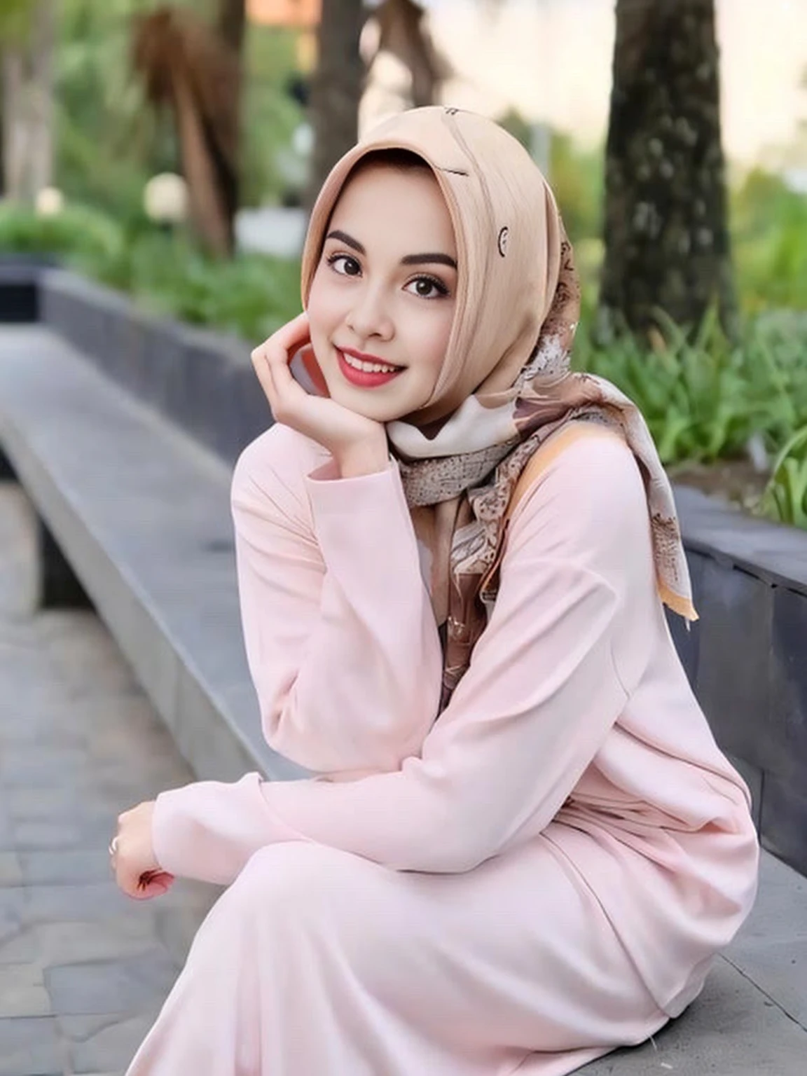 Aarav woman sitting on a bench Wear a pink dress and scarf., pastel pink skin tone, hijab, cute woman, pastel pink, Feminine look in cute pastel shades., A cute smile, cute vtuber house, wearing a pastel pink hoodie, handsome girl, cute woman, pastel pink, Charming smile, attractive woman, in pastel colors, Beautiful and smiling