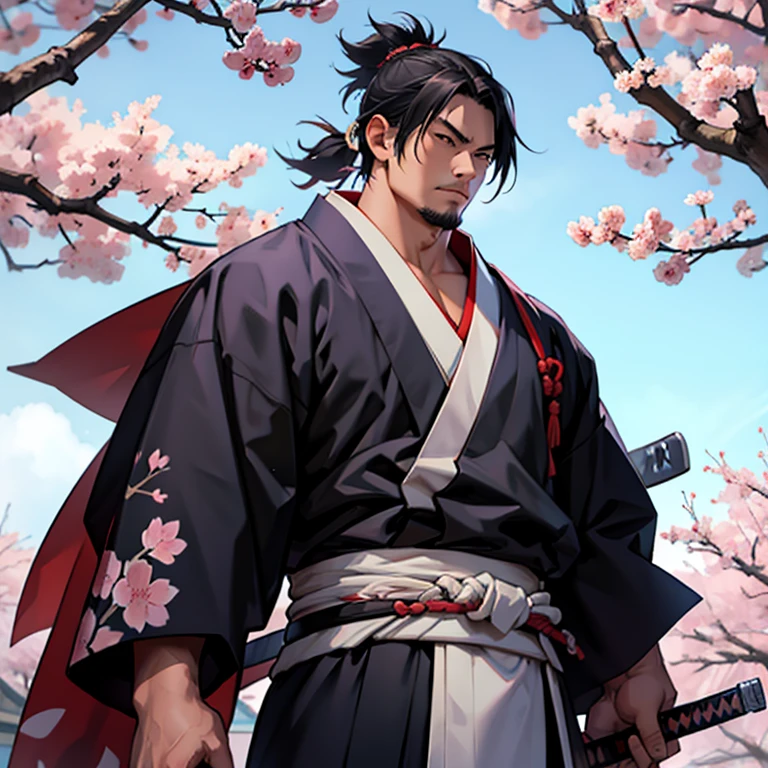 Samurai, kimono, muscle, man bud, sword, japanese, sakura,