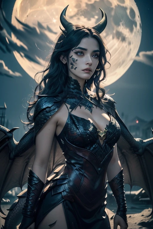 1girl, glowing dragon eyes, wavy hair, demure ornate dress, scales, scales on face, dragon wings, medium chest, dragon horns, under the moon, slender figure, scaled humanoid, (Intricate details:1.2), (Highly detailed face and eyes:1.2), makeup FX, high sharpness, high textures, (Photorealistic: 1.4), (Highly detailed)