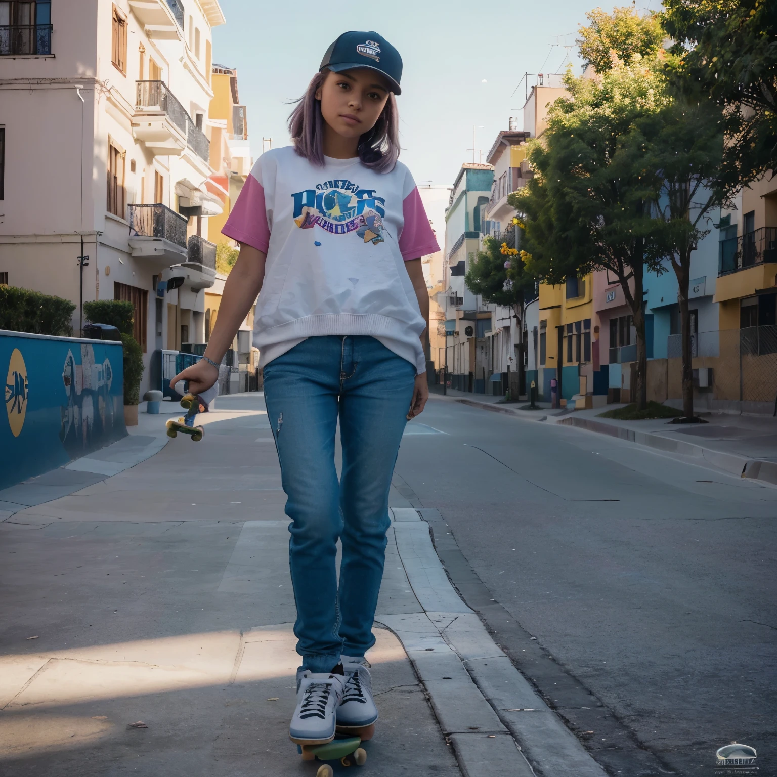 Obra maestra, mejor calidad, (Fondo de pantalla CG unity 8k muy detallado) (mejor calidad), (best illustration), mejor sombra, (a girl playing skateboard: 1.3), 13 years, lindo, pelo corto y blanco, gorra, dulce fresco, detalles brillantes de los ojos, (traje de vuelo de color), pantalones cortos de moda, (patineta de color: 1.1), rosa, amarillo, blue, Calle, roca, (of the highest quality, Detalles asombrosos: 1.25), (Solo), pinturas brillantes y coloridas pechos enormes culo sobre salido tetas afueras